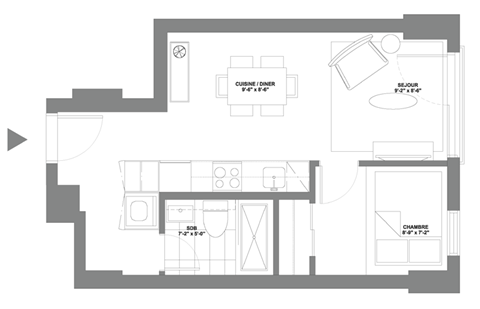 Floor plan for 1 bed, 1 bath, 411 sqft